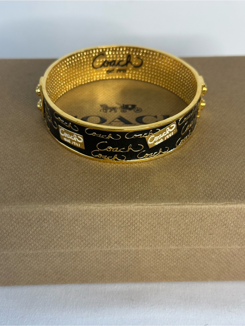 COACH Vintage 1941 Gold and Black Signature Enamel Chunky Cuff Bangle Bracelet